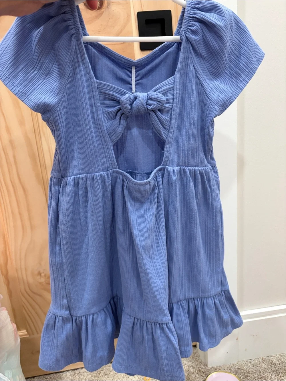 Girls Light Blue Cotton Tiered Dress with Puff Sleeves